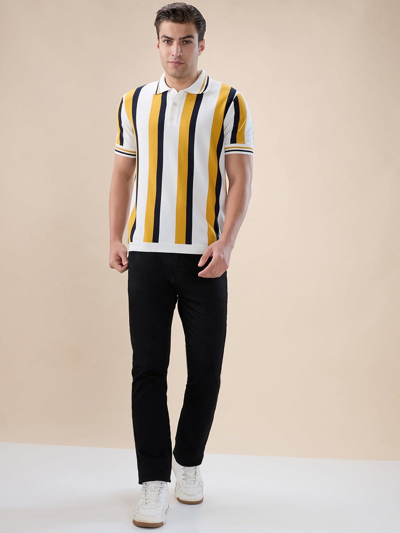 STATUS QUO Vertical Stripe Knitted Regular Fit Sunflower Polo T-shirt - Image 5