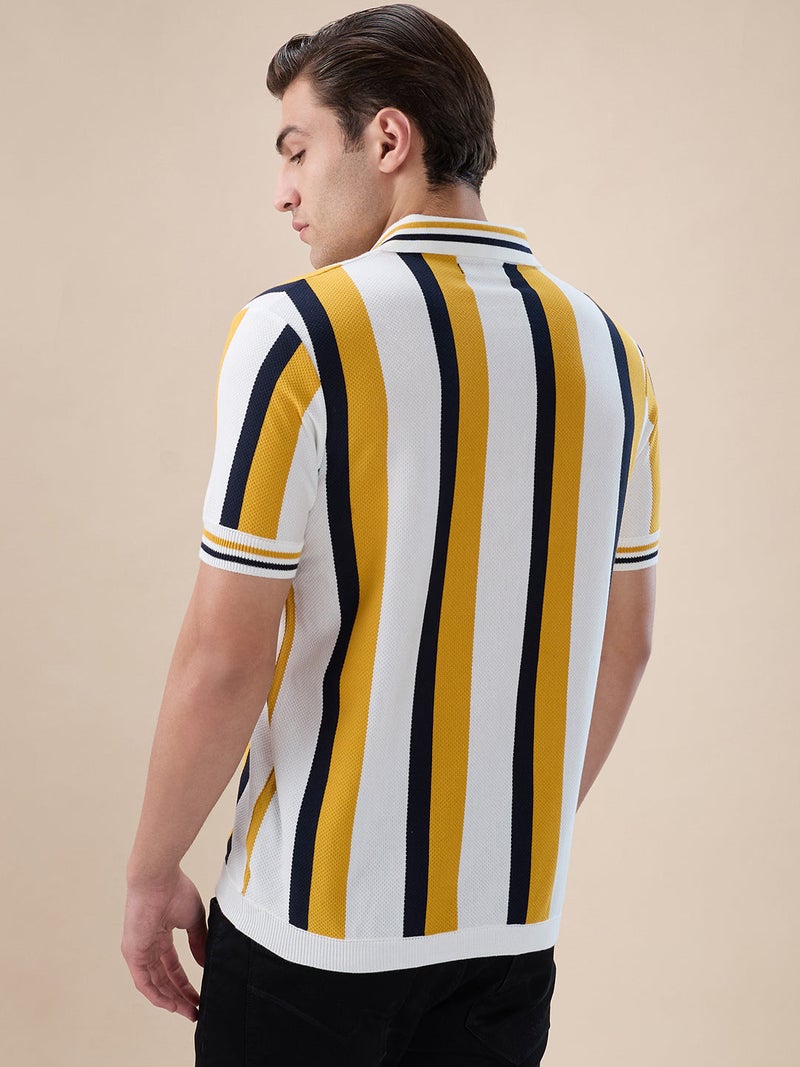 STATUS QUO Vertical Stripe Knitted Regular Fit Sunflower Polo T-shirt - Image 3