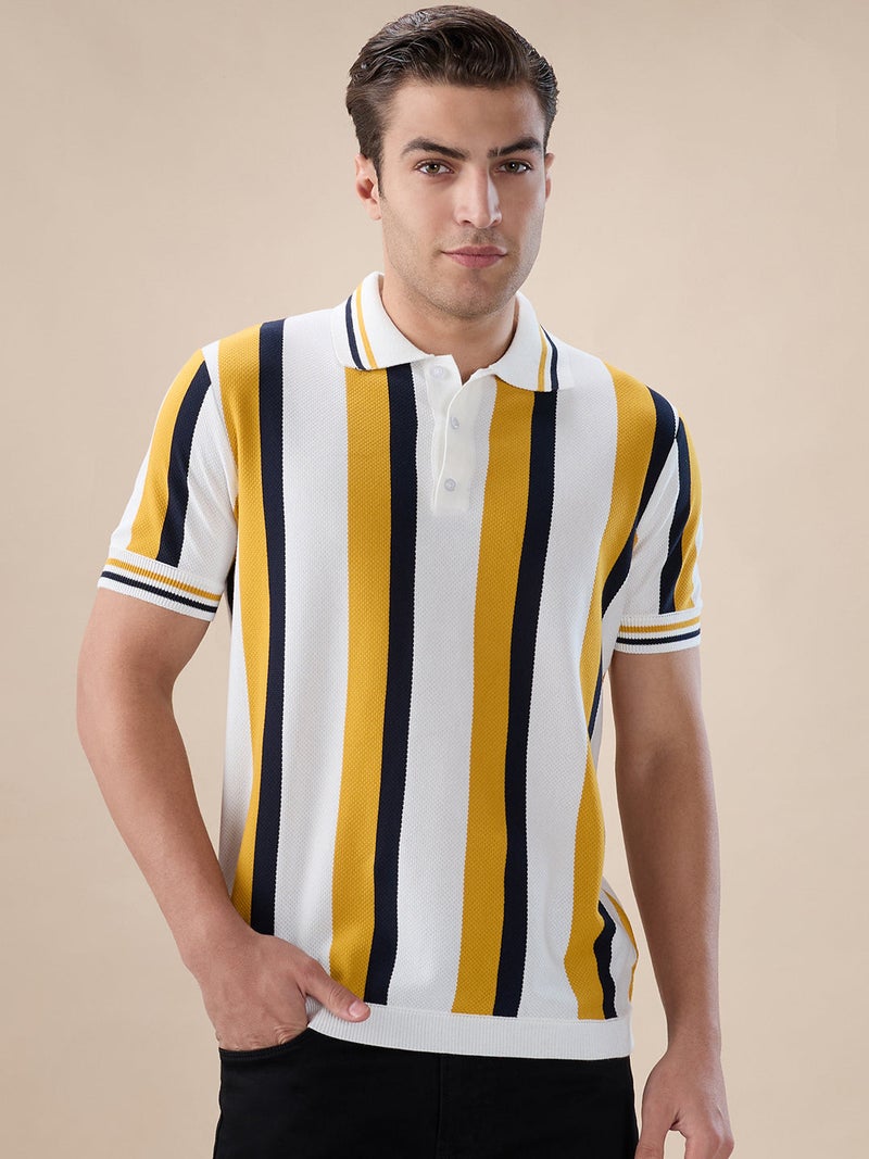 STATUS QUO Vertical Stripe Knitted Regular Fit Sunflower Polo T-shirt - Image 1