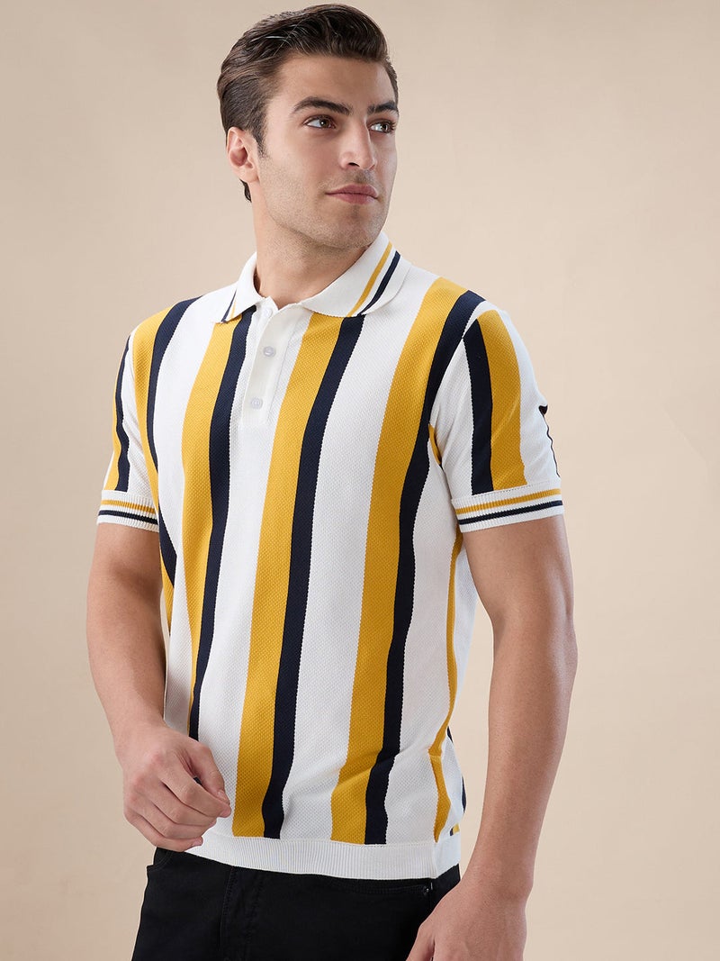 STATUS QUO Vertical Stripe Knitted Regular Fit Sunflower Polo T-shirt - Image 2