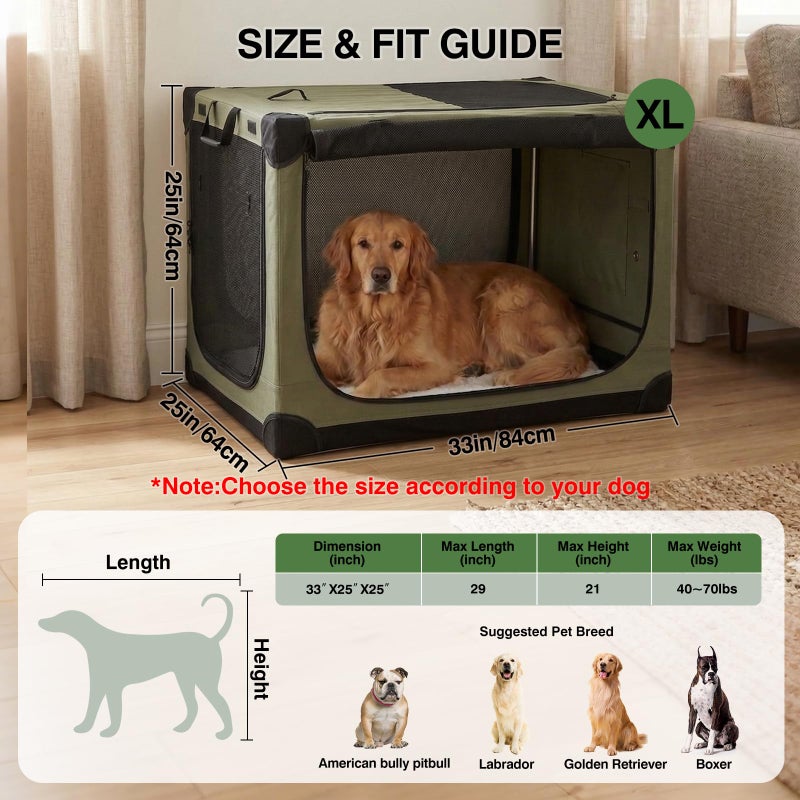 Veraste 33" L x 25" W x 25" H Collapsible Travel Dog Crate, Portable Soft Dog Kennel for Medium Large Dogs up to 60 lbs, 4-Door Foldable Travel Crate with Durable Mesh & Storage BagGreen - Image 2