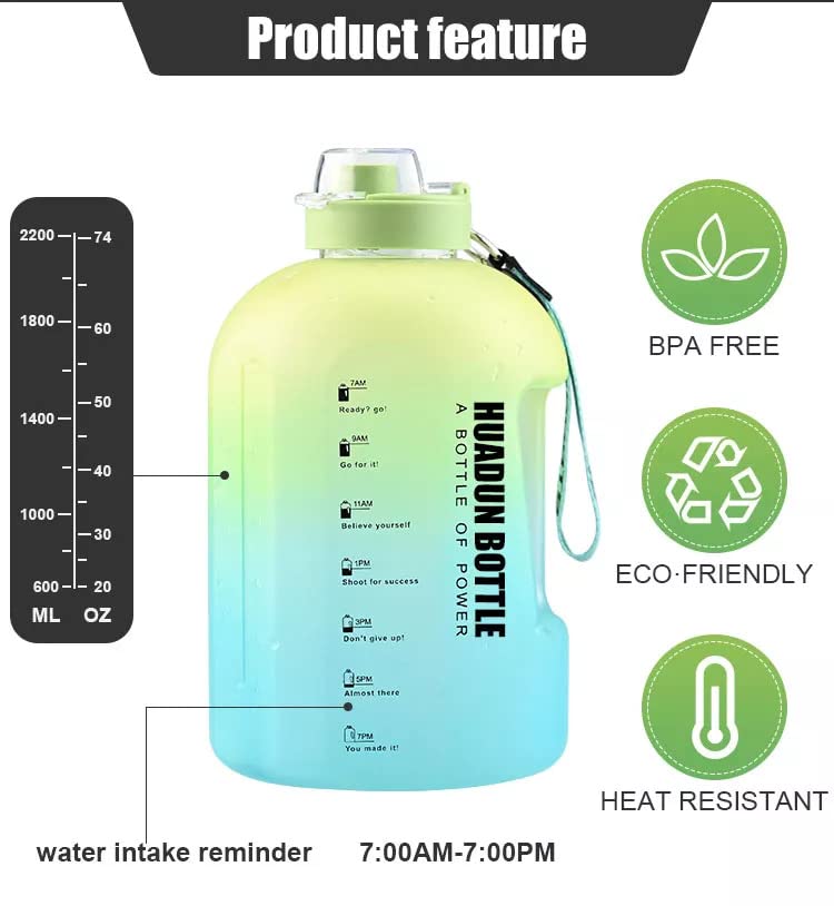 LOOKMINT Motivational Large Water Bottle Sports 22L Water Bottle for Hydration Time Marker Leak Proof Durable BPA Free Drinking Jug For Home Gym Office Workout Camping Green - Image 2