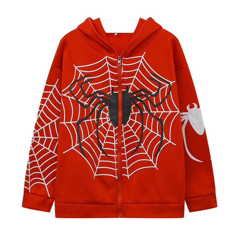 2023 Casual Spider Web Hoodie Womens Fleece Jacket Red  - Image 1