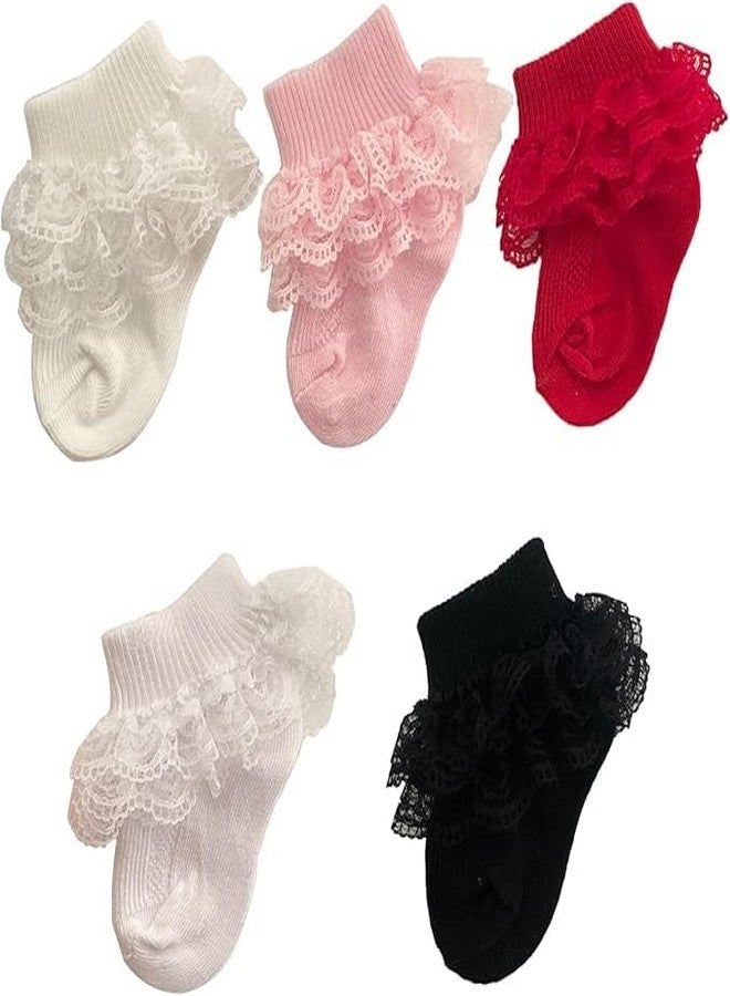 CUTEABLY Baby Girls Lace Ruffle Ankle Socks, Cotton Mesh Frilly, 3 Pack, Multiple Colours (IN, Age, 6 Months, 12 Months, 3, Multicolour) - Image 1