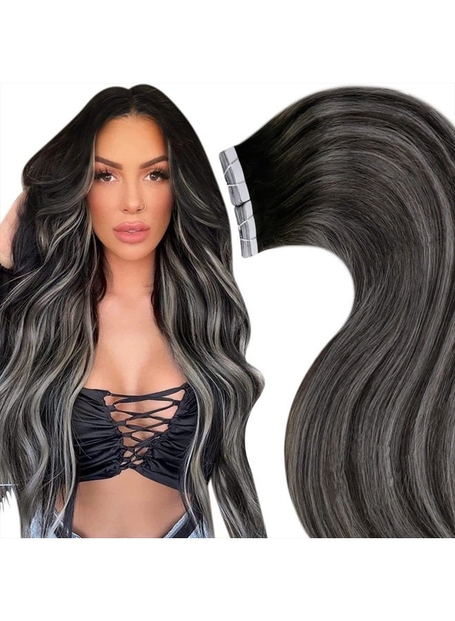 LaaVoo Ombre Human Hair Tape in Extensions Natural Black to Grey Silver with Black 16 Inch Balayage Tape in Remy Human Hair Extensions for Black Women Salon Quality Straight Hair 20pcs 50grams - Image 1