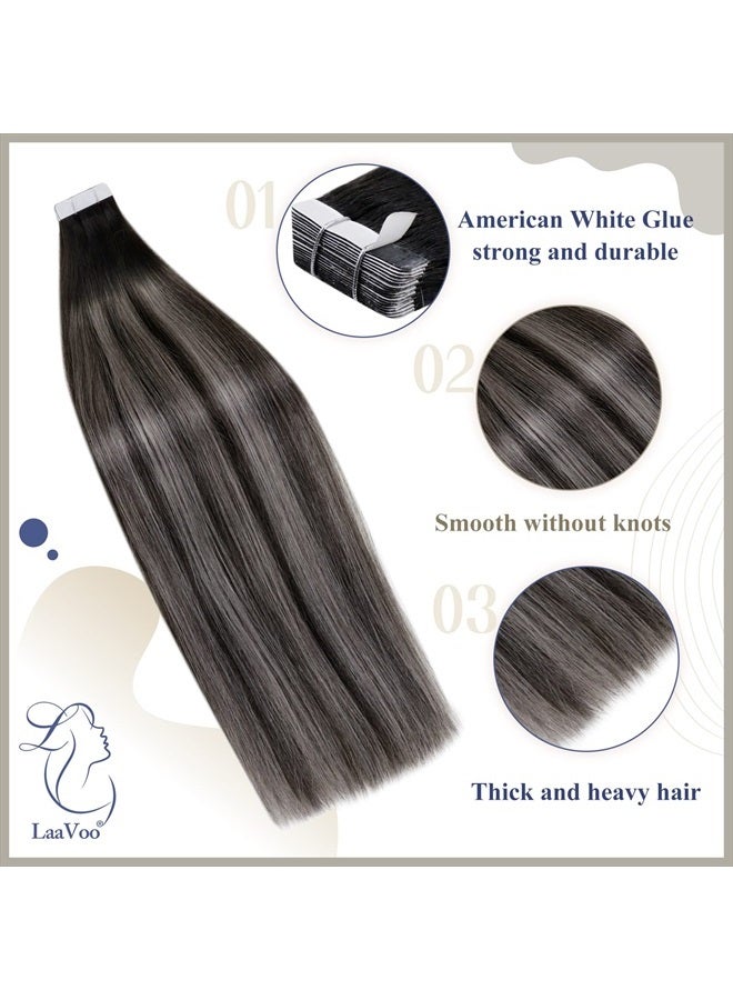 LaaVoo Ombre Human Hair Tape in Extensions Natural Black to Grey Silver with Black 16 Inch Balayage Tape in Remy Human Hair Extensions for Black Women Salon Quality Straight Hair 20pcs 50grams - Image 2