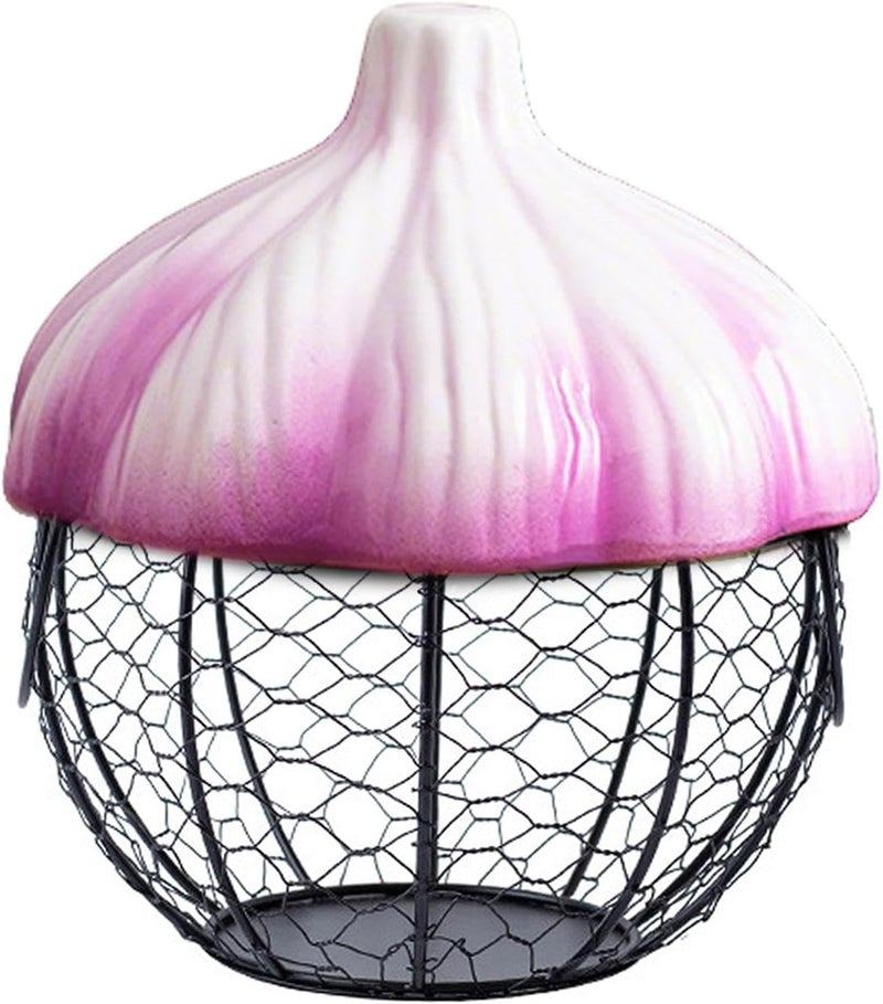 Garlic Storage Basket Ceramic Metal Wire Egg Holder Vegetable Fruit Basket Farmhouse Iron Container Portable Handle Convenient Design Suitable for Kit, Purple - Image 1