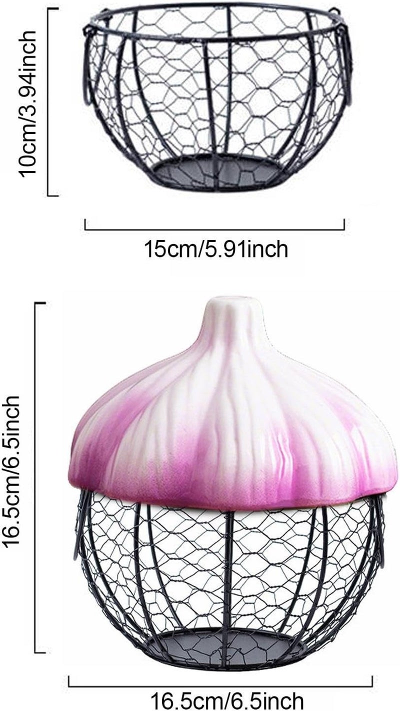 Garlic Storage Basket Ceramic Metal Wire Egg Holder Vegetable Fruit Basket Farmhouse Iron Container Portable Handle Convenient Design Suitable for Kit, Purple - Image 3