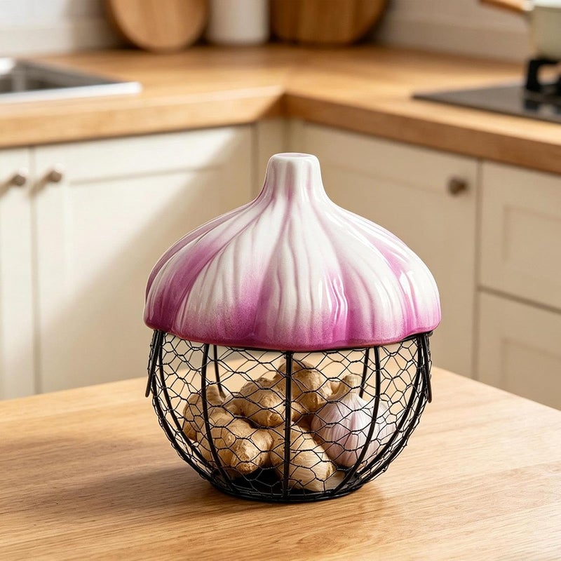 Garlic Storage Basket Ceramic Metal Wire Egg Holder Vegetable Fruit Basket Farmhouse Iron Container Portable Handle Convenient Design Suitable for Kit, Purple - Image 4