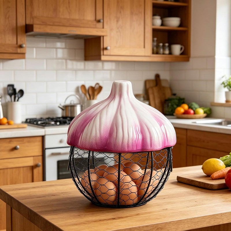 Garlic Storage Basket Ceramic Metal Wire Egg Holder Vegetable Fruit Basket Farmhouse Iron Container Portable Handle Convenient Design Suitable for Kit, Purple - Image 2