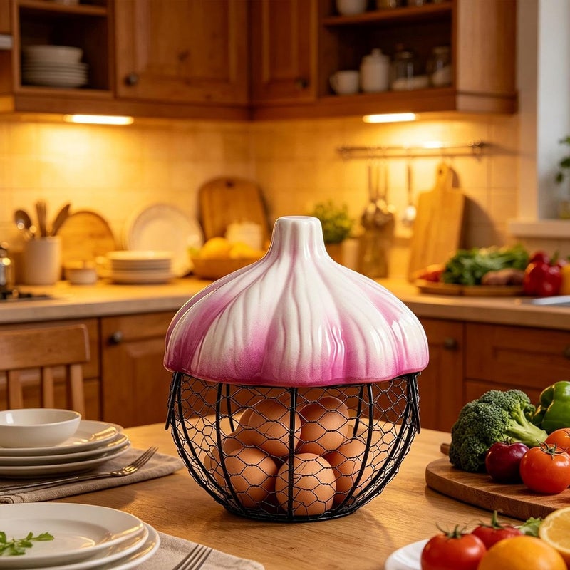 Garlic Storage Basket Ceramic Metal Wire Egg Holder Vegetable Fruit Basket Farmhouse Iron Container Portable Handle Convenient Design Suitable for Kit, Purple - Image 5