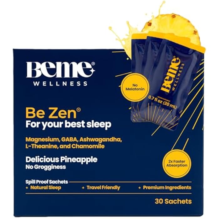 BeMe Magnesium Drink for Sleep - Melatonin-Free Magnesium for Sleep with Ashwagandha, L-Theanine & GABA - Fast-Absorbing Calm Pineapple - 30 Sachets - Image 1