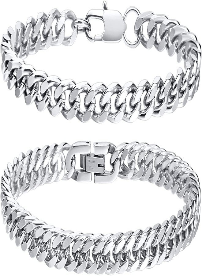 VNOX Bracelet for Man 2Pcs Cuba Chain- Stainless Steel Double Weave and Four-Sided Grinding Chains for Boyfriend Dad Husband 7.5/8.3/9 Inches Men Bracelets Set - Image 1