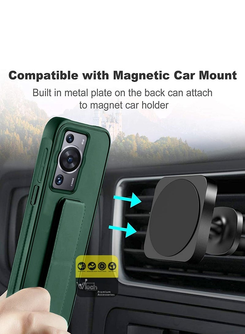 Wtech Hand Grip And Multi Stand Magnetic Car Mount Kickstand Finger Strap Case Cover For Huawei P60 Pro 2023 Dark Green - Image 3