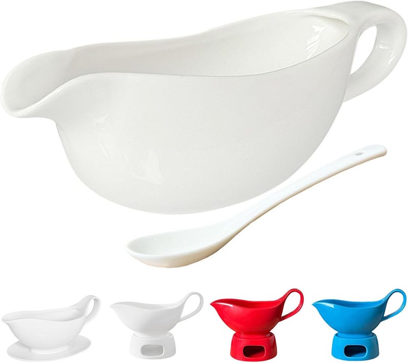 Qlans 20 OZ Gravy Boat - White Meat Sauce Boat With Spoon - Perfect for Gravy, Sauces and Syrups, Salad Dressings, Creamer, Broth, and More Server - Image 1