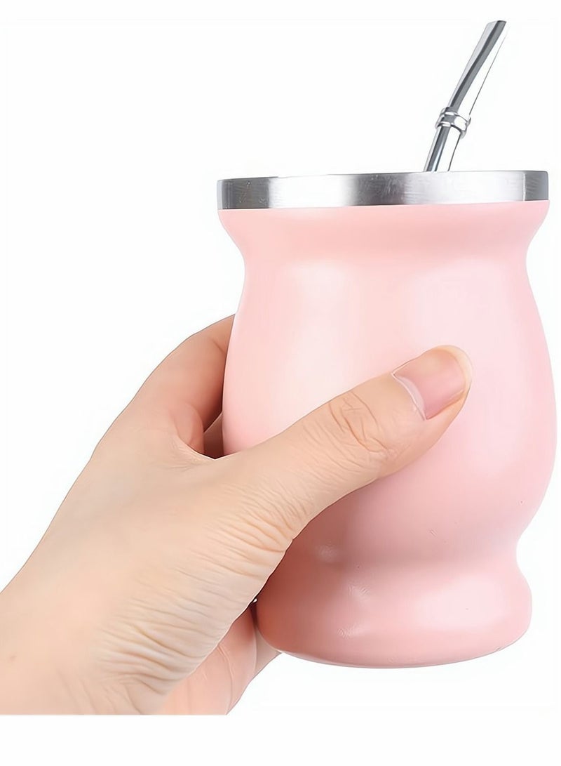 NIBEMINENT Pink Yerba Mate Tea Cup 230 ml Stainless Steel Double Walled Easy Wash Household Insulation Gourds for Loose Leaf Drinking with Bombilla Straw - Image 1
