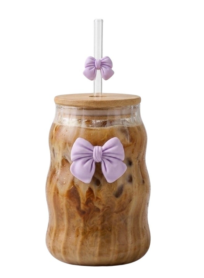 Premium 520ml Ribbed Glass Tumbler with Bamboo Lid & Glass Straw – Cute Aesthetic Iced Coffee Cup Featuring 3D Bow Decoration – Reusable Wavy Drinking Jar for Smoothies, Boba Tea, Mojito, Juice, Soda & Cocktails – Trendy Coquette Style Glassware Gift for Women & Girls – High-Quality Borosilicate Glass Sipper -Purple