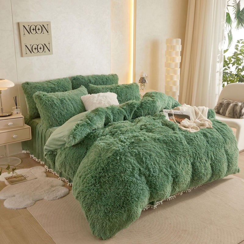 HAIHUA Fuzzy Sage Green Comforter Cover Twin Set, Fluffy Sage Green Twin Bedding Set 2 Pieces (1 Plush Duvet Cover + 1 Furry Plush Pillow Cases) Shaggy Bed Set, Fluffy Bed Set, Zipper Closure - Image 2