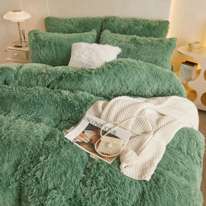 HAIHUA Fuzzy Sage Green Comforter Cover Twin Set, Fluffy Sage Green Twin Bedding Set 2 Pieces (1 Plush Duvet Cover + 1 Furry Plush Pillow Cases) Shaggy Bed Set, Fluffy Bed Set, Zipper Closure - Image 4