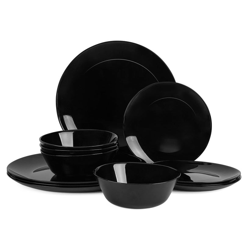 LaGlint Dinnerware Sets for 4, LaGlint 12 Pieces Opal Glass Plates and Bowls Set, Dishwasher and Microwave Safe Dish Dinning Ware, Chip and Scratch Resistant Dishware Black - Image 1