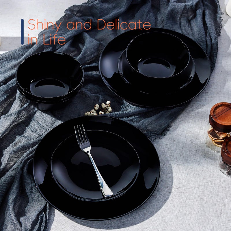 LaGlint Dinnerware Sets for 4, LaGlint 12 Pieces Opal Glass Plates and Bowls Set, Dishwasher and Microwave Safe Dish Dinning Ware, Chip and Scratch Resistant Dishware Black - Image 2