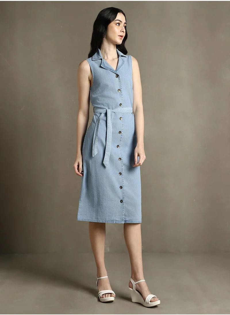 Dennis Lingo Women's Light Blue 100% Cotton Solid Regular Fit Dress