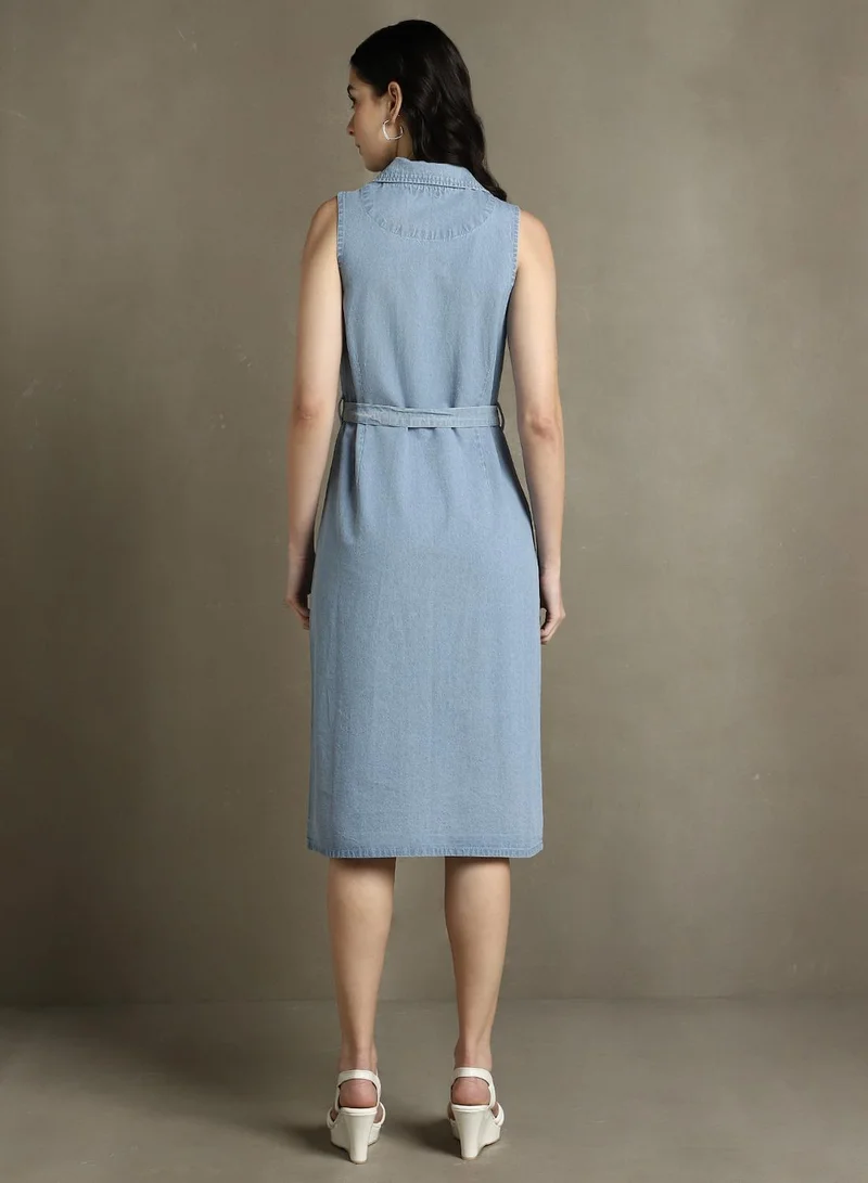 دينيس لينغو Women's Light Blue 100% Cotton Solid Regular Fit Dress