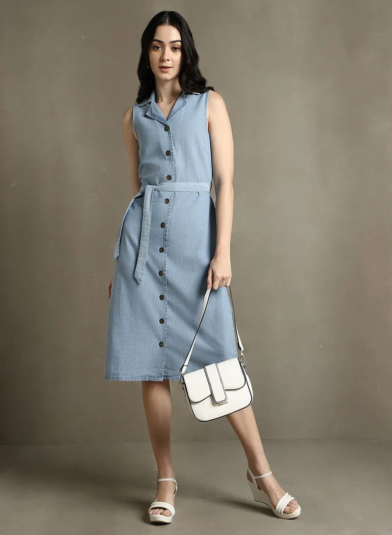 دينيس لينغو Women's Light Blue 100% Cotton Solid Regular Fit Dress