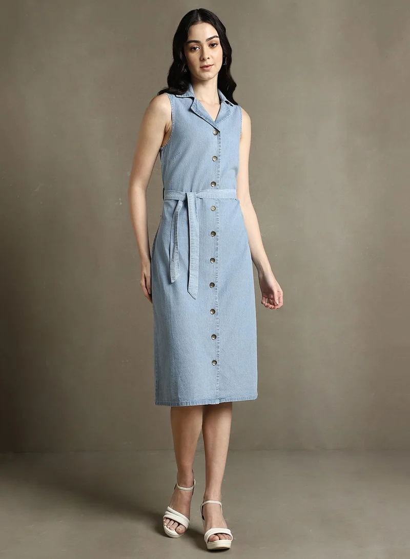 دينيس لينغو Women's Light Blue 100% Cotton Solid Regular Fit Dress