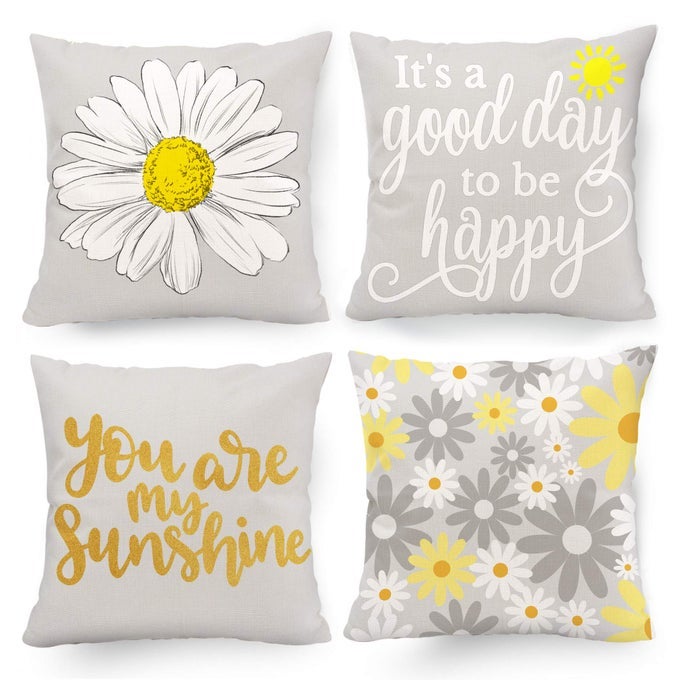 SPRING SUMMER PILLOW COVERS 18X18 SET OF 4 YELLOW GREY DECOR PILLOWS SUNFLOWER THROW PILLOW COVERS 18X18 INDOOR OUTDOOR FOR COUCH SOFA CUSHION BED OUTDOOR SPRING DECORATIONS FOR HOME