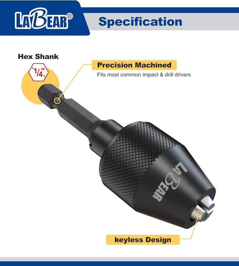 LABEAR - Drill Chuck Keyless Mini 3-Jaw Adapter with Quick-change 1/4" Hex Shank to Hold 1.5-6mm Alloy Black Drill Bits Milling Cutters - Image 3