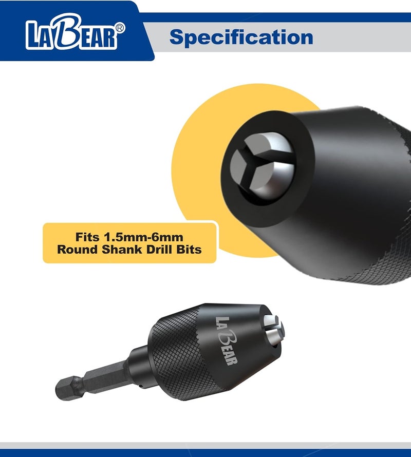 LABEAR - Drill Chuck Keyless Mini 3-Jaw Adapter with Quick-change 1/4" Hex Shank to Hold 1.5-6mm Alloy Black Drill Bits Milling Cutters - Image 4