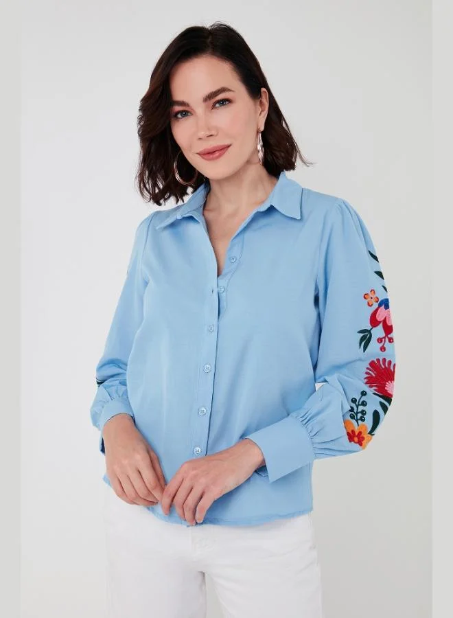 ليلا قميص نسائي قطني بأكمام بالون مطرز بالزهور