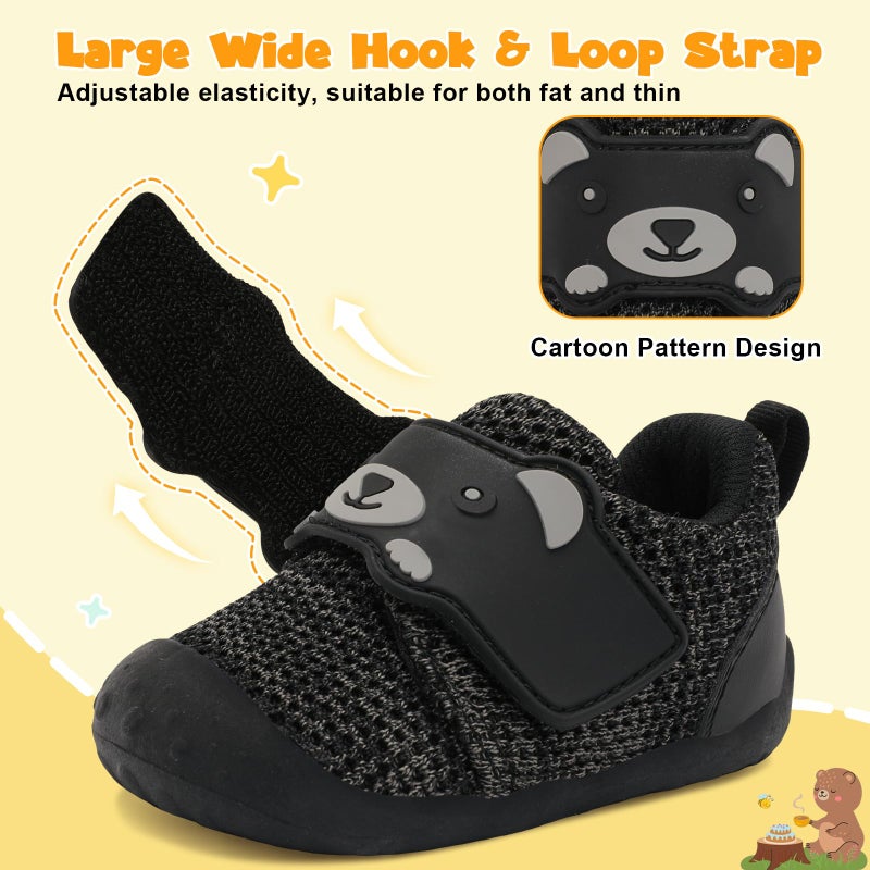 FEETCITY Wide Baby Sneakers Infant Walking Shoes Boys Girls Baby Sneakers Breathable Non-Slip Infant Barefoot Shoes 12-18 Months Black Grey - Image 5