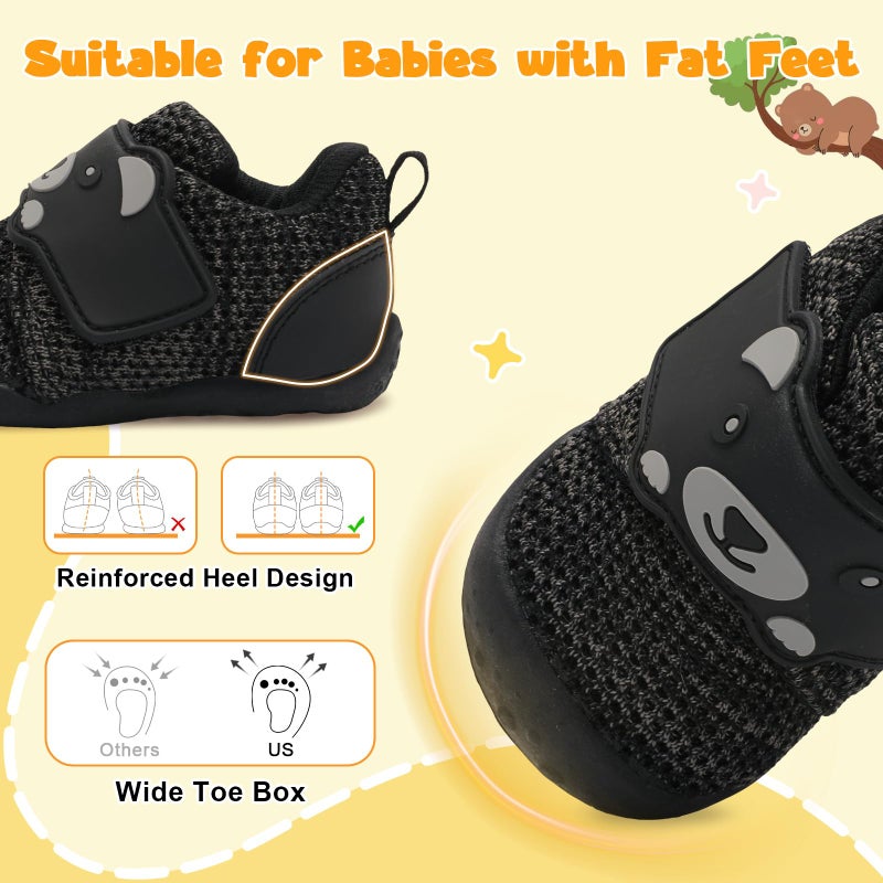 FEETCITY Wide Baby Sneakers Infant Walking Shoes Boys Girls Baby Sneakers Breathable Non-Slip Infant Barefoot Shoes 12-18 Months Black Grey - Image 4