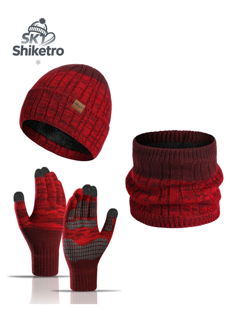 Winter Knit Hat, Scarf, and Gloves 3-Piece Set: Includes a multi-functional brimless hat, a comfortable scarf, and a pair of touchscreen gloves. Outdoor Sports Hat Set (Bright Red) - Image 1