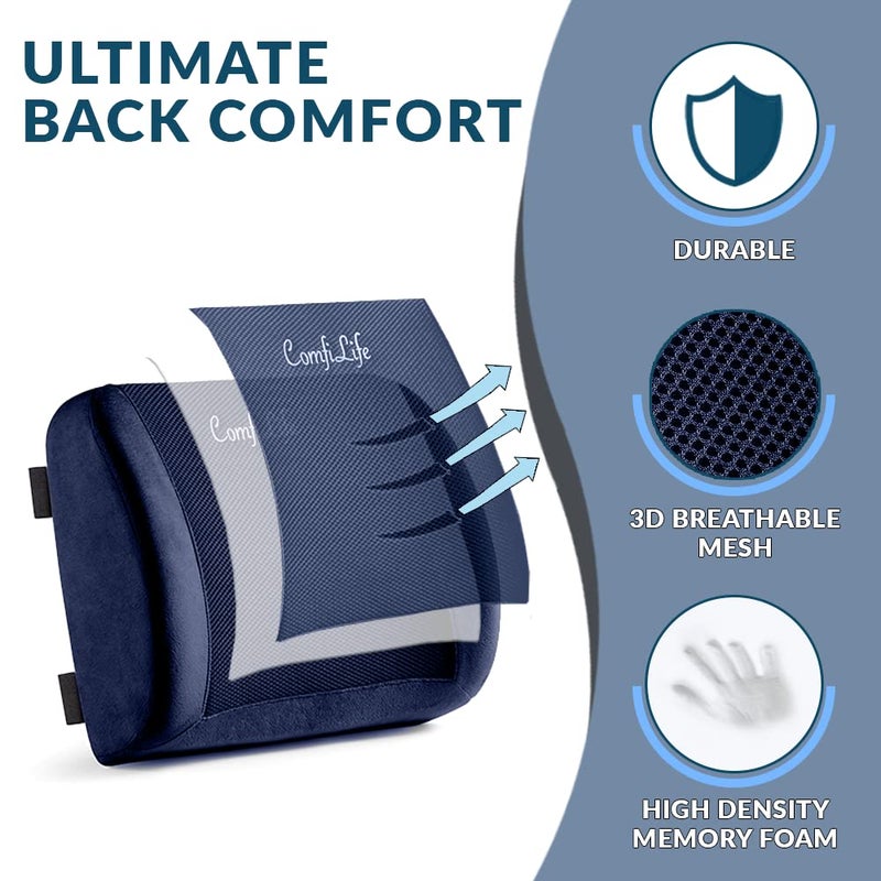 ComfiLife Lumbar Support Back Pillow Office Chair and Car Seat Cushion - Memory Foam with Adjustable Strap and Breathable 3D Mesh (Navy) - Image 2