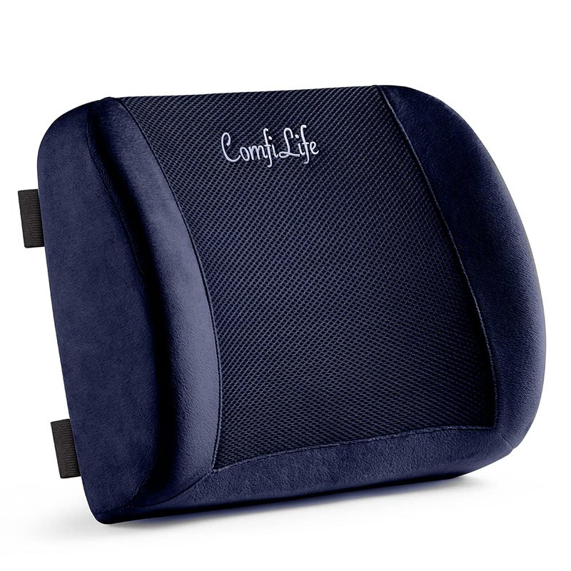 ComfiLife Lumbar Support Back Pillow Office Chair and Car Seat Cushion - Memory Foam with Adjustable Strap and Breathable 3D Mesh (Navy) - Image 1