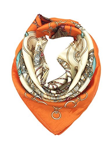 YOUR SMILE Silk Feeling Scarf Women's Fashion Pattern Orange Carriage Large Square Satin Headscarf (305) - Image 1