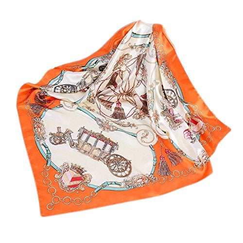 YOUR SMILE Silk Feeling Scarf Women's Fashion Pattern Orange Carriage Large Square Satin Headscarf (305) - Image 2