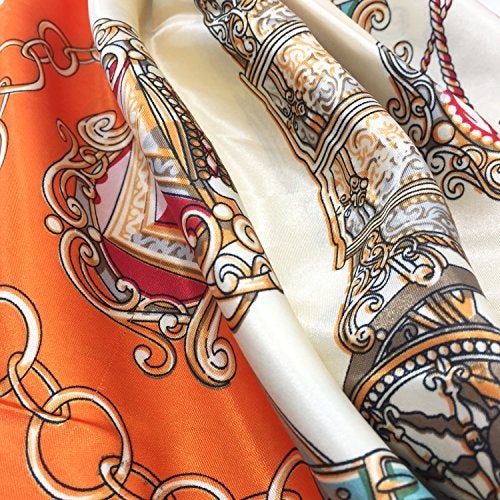 YOUR SMILE Silk Feeling Scarf Women's Fashion Pattern Orange Carriage Large Square Satin Headscarf (305) - Image 4