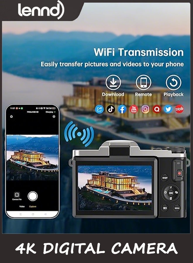 LENND 4K Digital Camera for Photography with WiFi, 2025 Latest Auto-Focus Vlogging Camera for YouTube Video 3'' 180° Flip Screen Travel Cameras 16X Zoom Anti-Shake 4K Cameras with SD Card, 2 Batteries - Image 2