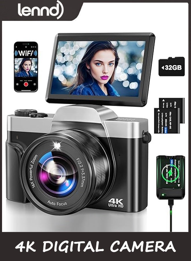 4K Digital Camera for Photography with WiFi, 2025 Latest Auto-Focus Vlogging Camera for YouTube Video 3'' 180° Flip Screen Travel Cameras 16X Zoom Anti-Shake 4K Cameras with SD Card, 2 Batteries