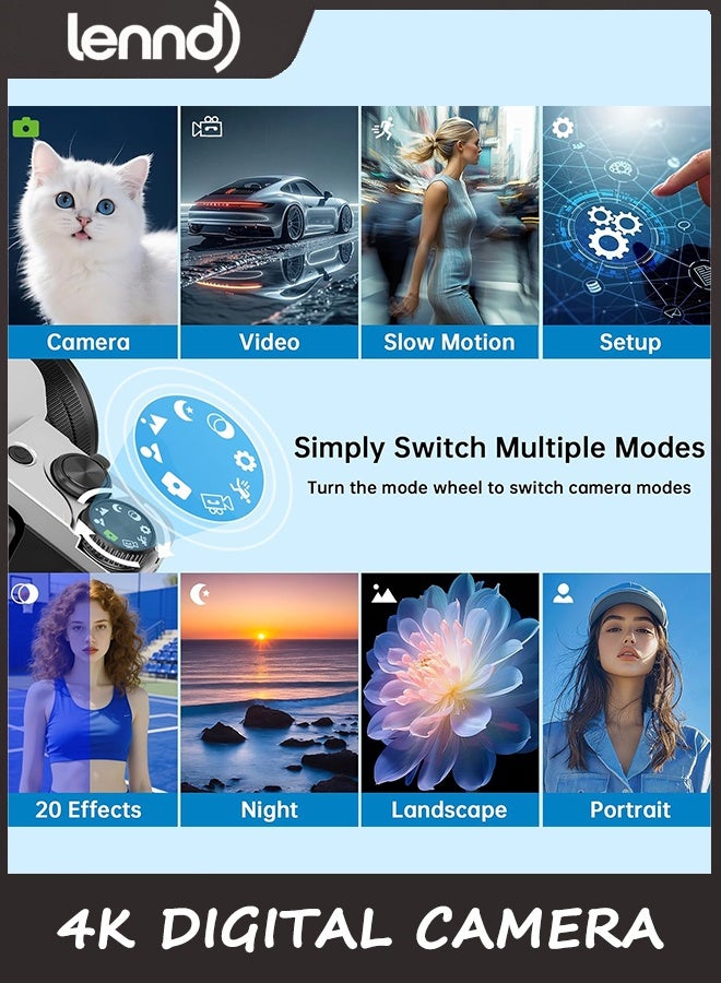 LENND 4K Digital Camera for Photography with WiFi, 2025 Latest Auto-Focus Vlogging Camera for YouTube Video 3'' 180° Flip Screen Travel Cameras 16X Zoom Anti-Shake 4K Cameras with SD Card, 2 Batteries - Image 5
