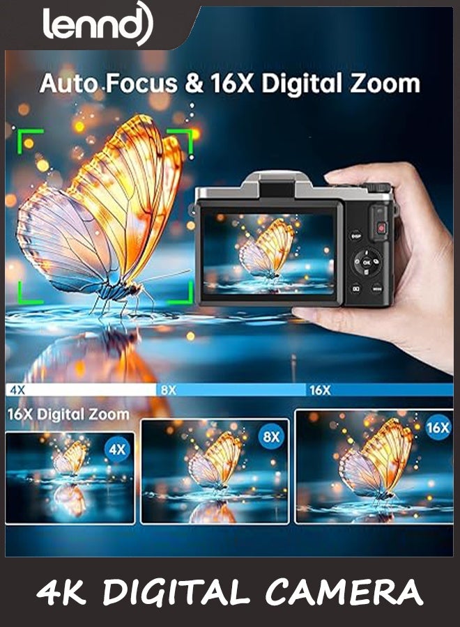 LENND 4K Digital Camera for Photography with WiFi, 2025 Latest Auto-Focus Vlogging Camera for YouTube Video 3'' 180° Flip Screen Travel Cameras 16X Zoom Anti-Shake 4K Cameras with SD Card, 2 Batteries - Image 4