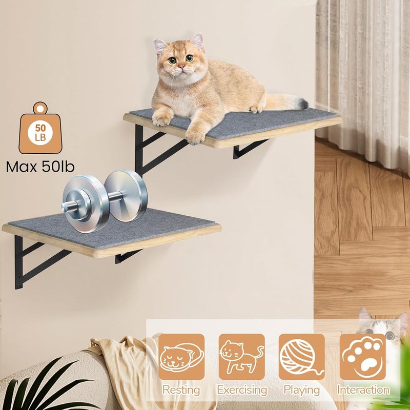 GADKE Cat Wall Shelves Set of 2, Wood Cat Shelves for Wall, Cat Wall Bed Hammock with Scratching Pad, Cat Climbing Shelf for Sleeping Playing, Cat Window Perch for Big Cats, Burlywood Cat Furniture Indoor - Image 4