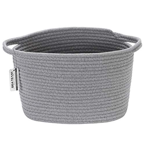 Sea Team Oval Cotton Rope Woven Storage Basket with Handles, Diaper Caddy, Nursery Nappies Organizer, Baby Shower Basket for Kid's Room, 12.2 x 8 x 9 Inches (Small Size, Grey) - Image 1
