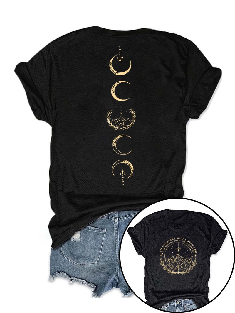 Summer Women'S Retro Moon Pattern Round Neck Short Sleeve Casual Fashion Explosions T-Shirt - Image 3