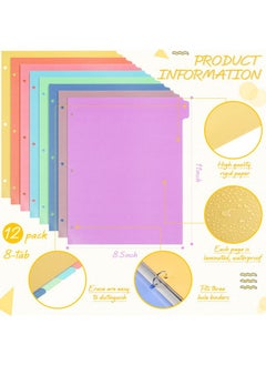 Honoson 12 Sets 8 Tab Binder Dividers For 3 Ring Binders 8.5 X 11 Inch Paper Multicolor Dividers With Plastic Film 3 Hole Punched Page Dividers Sturdy Binder Index Dividers For School (Bright Color)  - Image 2