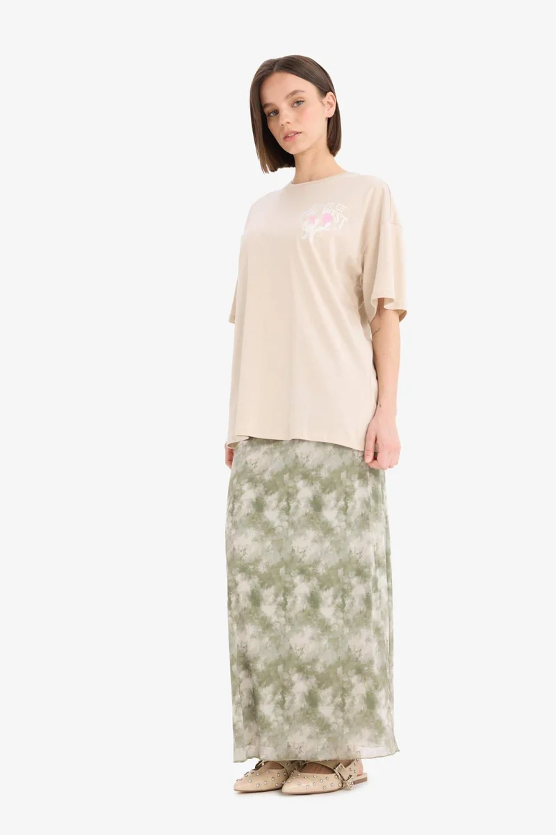 DeFacto A Cut Patterned High Waist Cotton Lining Tulle Maxi Skirt